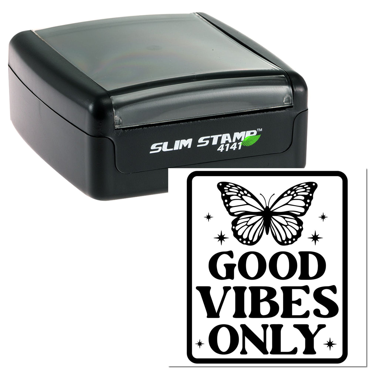 Black self-inking slim stamp and seal with butterfly design and GOOD VIBES ONLY text