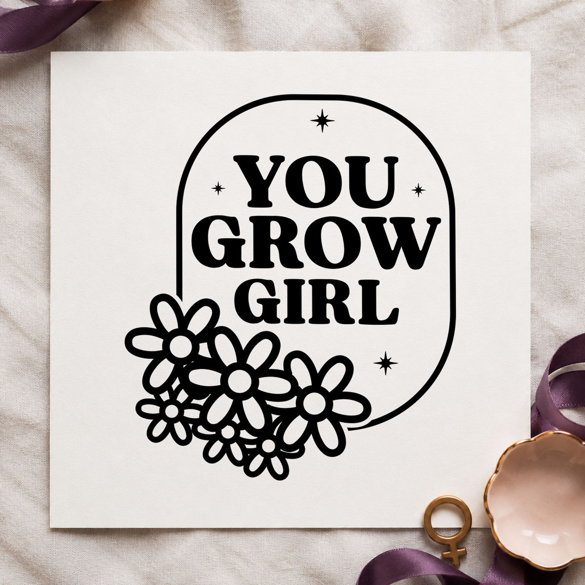 You Grow Girl Flowers craft stamp in black ink on cardstock, an easy option for fundraiser album page.