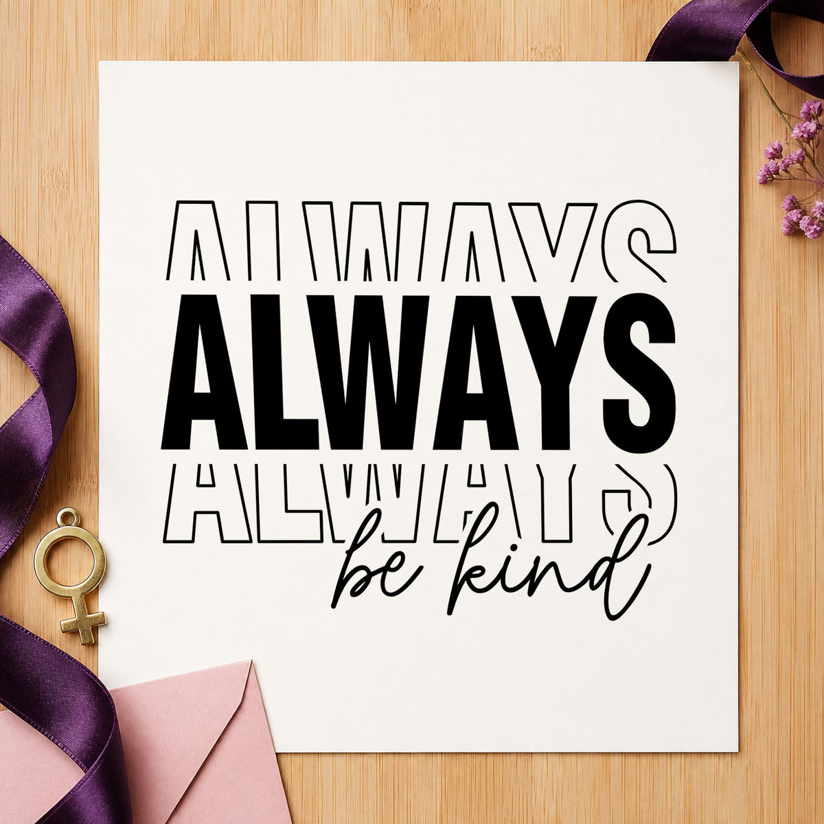 Always Be Kind Lettering rubber stamp printed in black ink, ready for overlapping word cards and similar paper crafts.