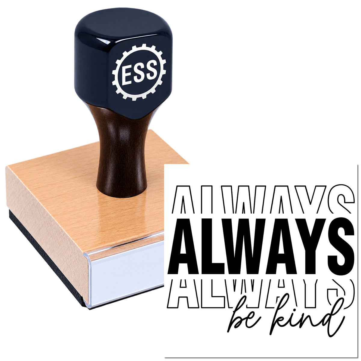 Navy blue self-inking stamp and seal on peach block, with ESS logo and "Always Always be kind" text.