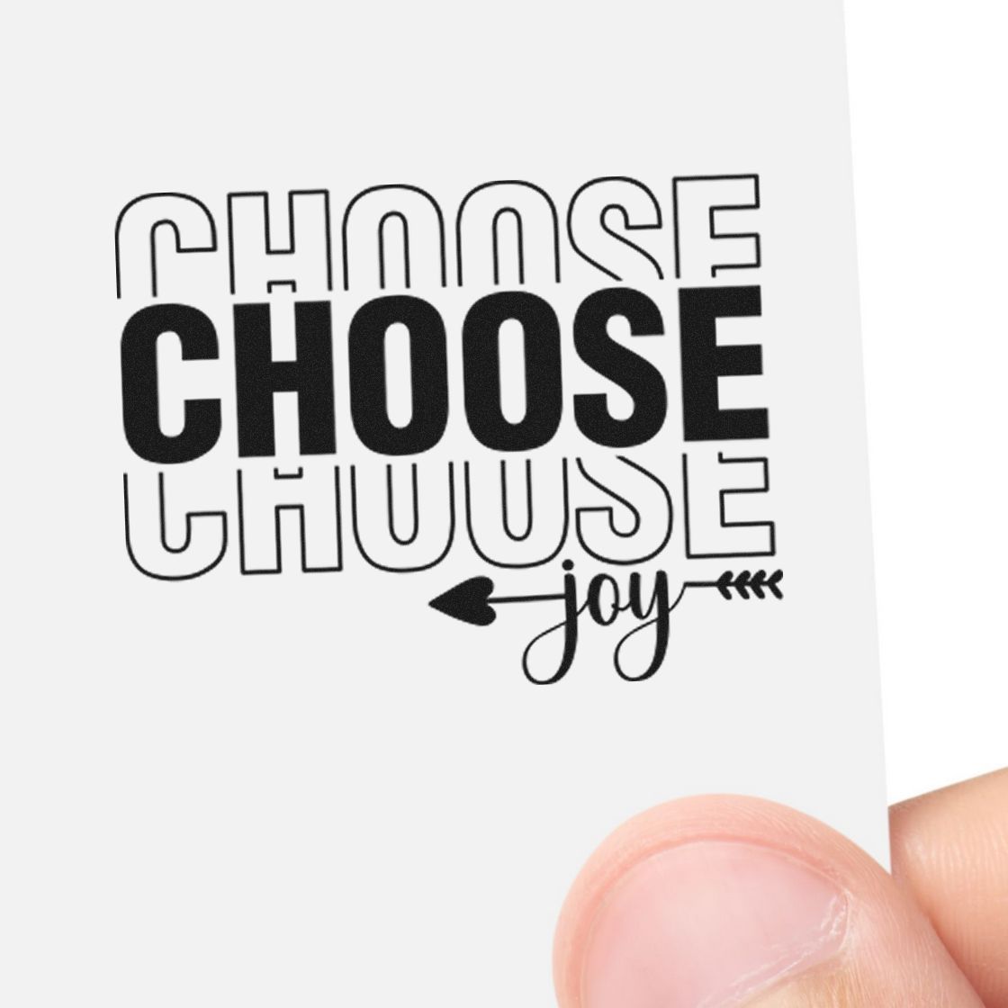 Black Choose Joy stamp and seal design with bold outlined letters, script joy, and arrow on a white background.