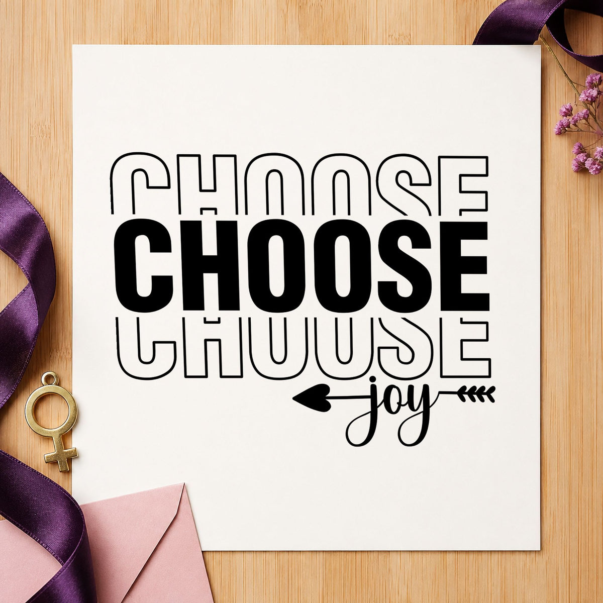 Choose Joy Repeated Lettering rubber stamp printed in black ink, ready for day plan sheet and similar paper crafts.