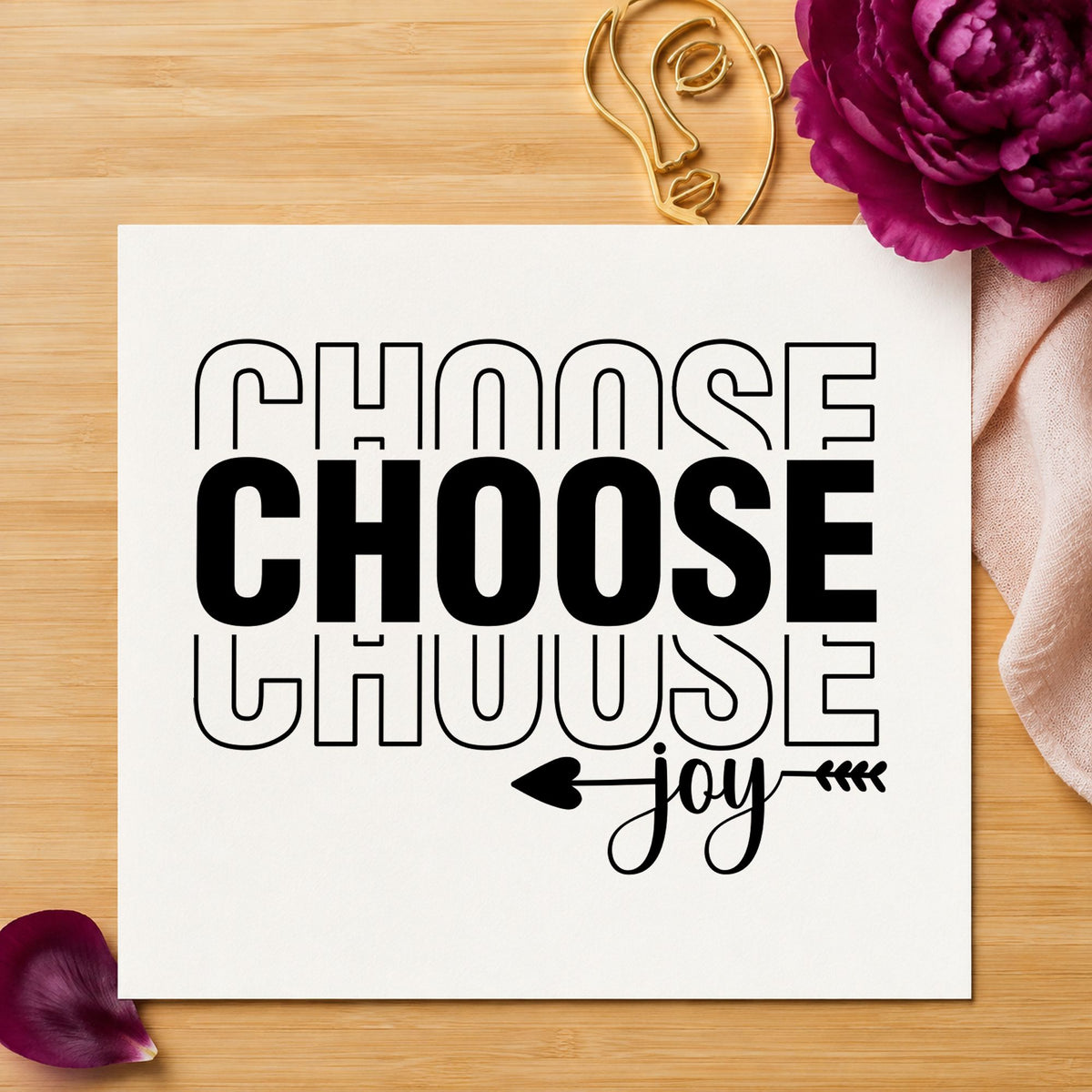 Choose Joy Repeated Lettering rubber stamp printed in black ink, ready for stacked arrow cards and similar paper crafts.