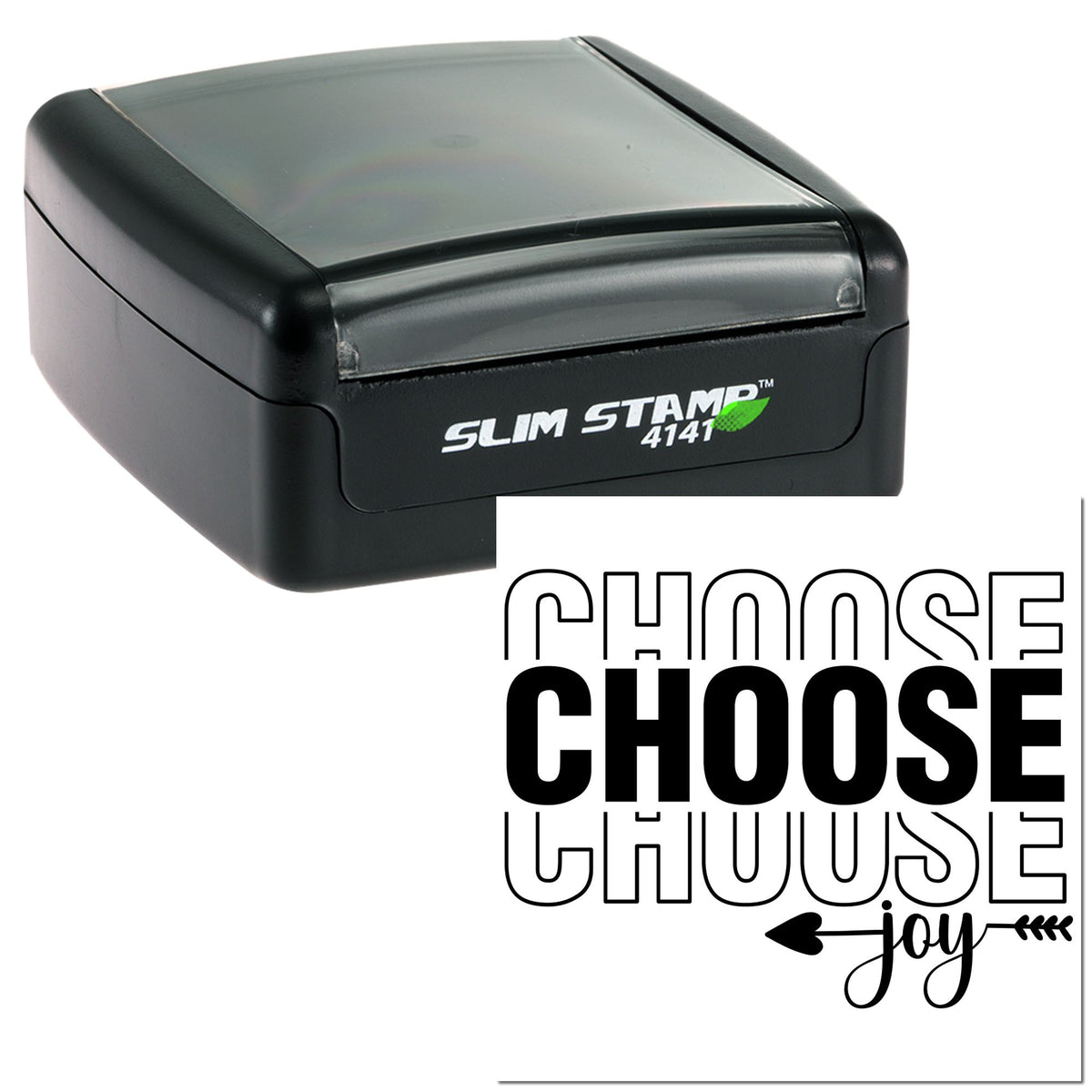 Black self-inking Slim Stamp 4141 and Choose Joy decorative stamp and seal design on white background.