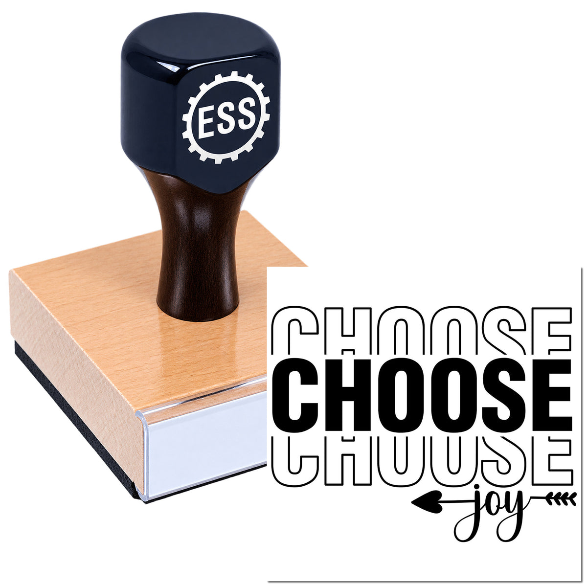 Custom stamp and seal with navy handle, wooden base, and bold black CHOOSE text on a white background.