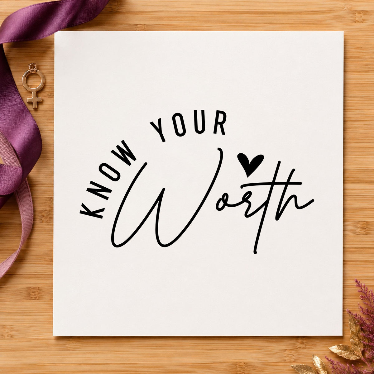 Know Your Worth Heart craft stamp in black ink on cardstock, an easy option for workshop album page.