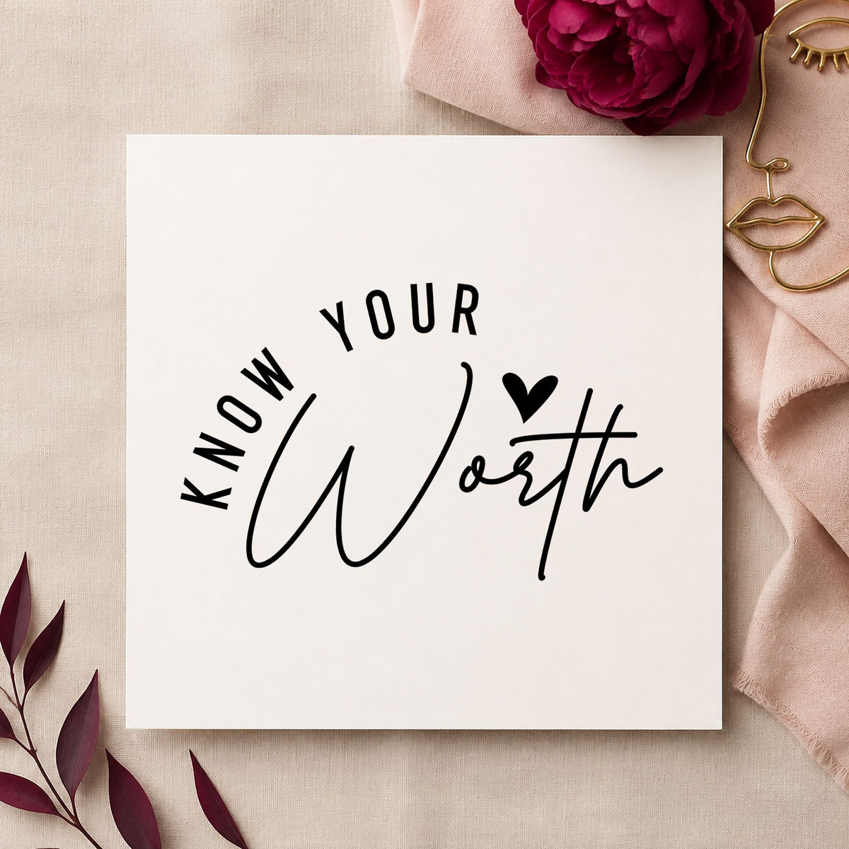 Know Your Worth Heart craft stamp imprint in black ink on a handmade project, one idea being handout gift tags.