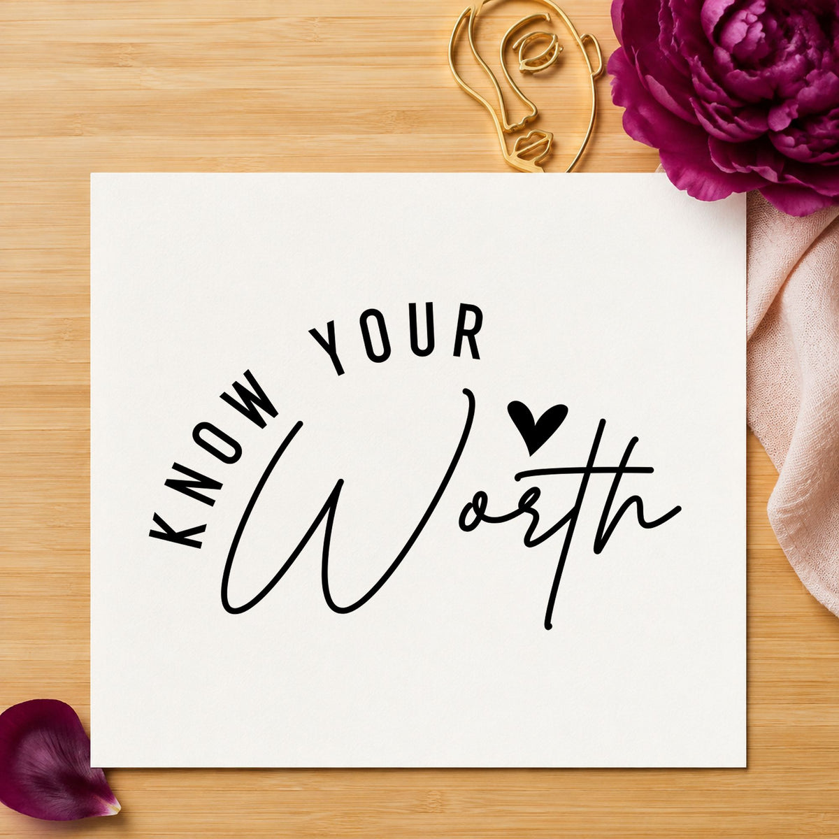 Know Your Worth Heart rubber stamp printed in black ink, ready for session plan sheet and similar paper crafts.