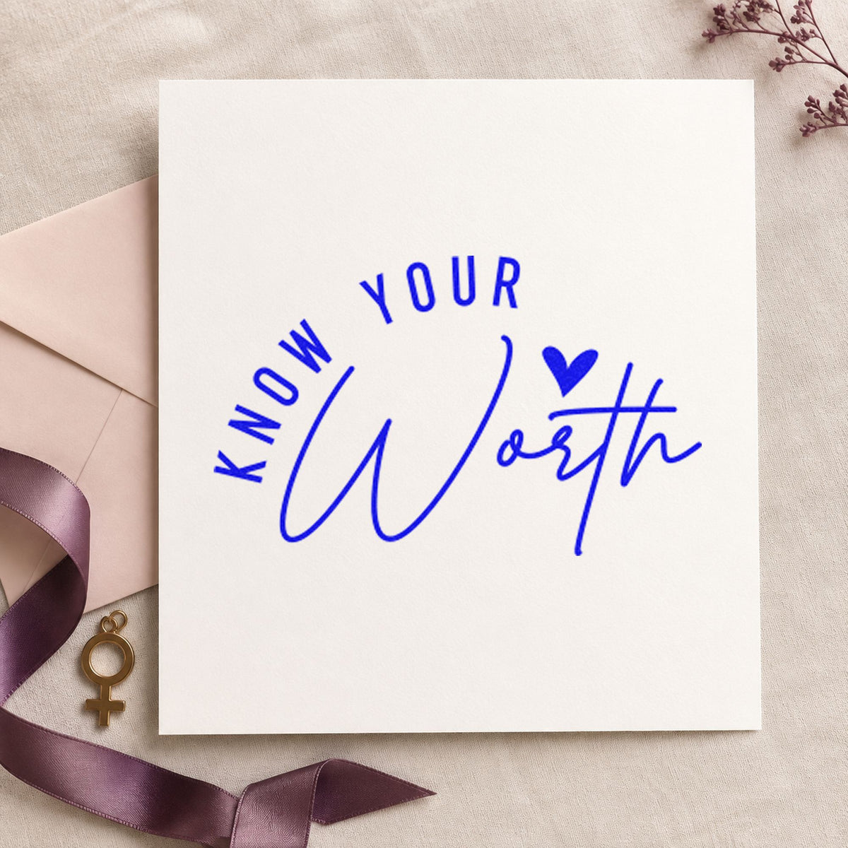 Know Your Worth Heart craft stamp in blue ink on cardstock, an easy option for tote flap printing.