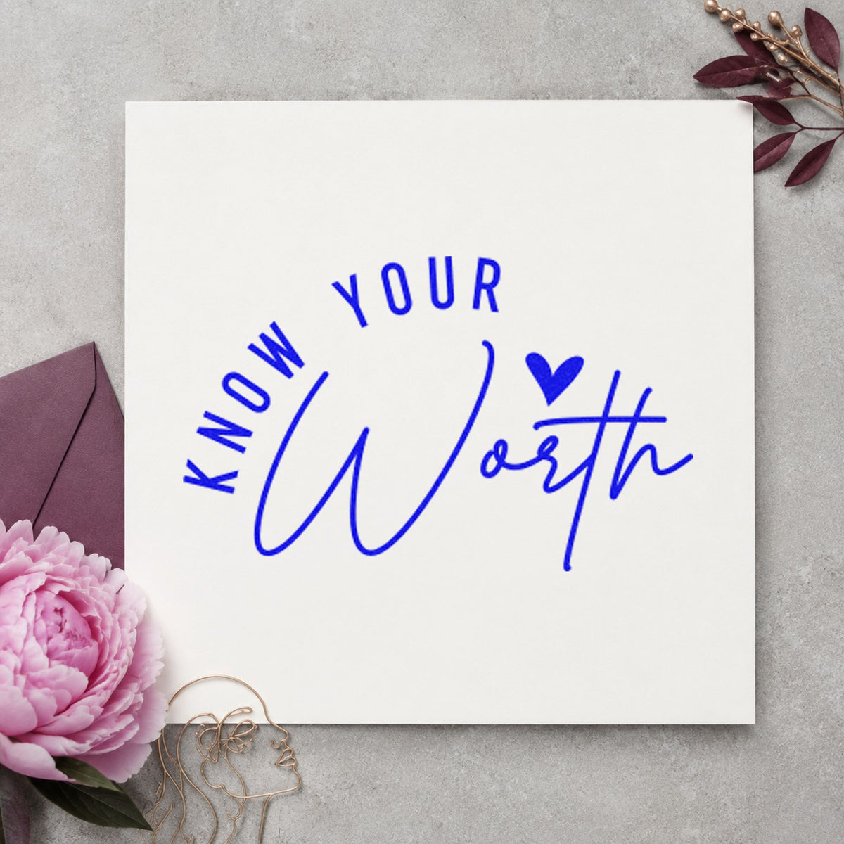 Know Your Worth Heart craft stamp imprinted in blue ink on paper, a design suited to framed training room.