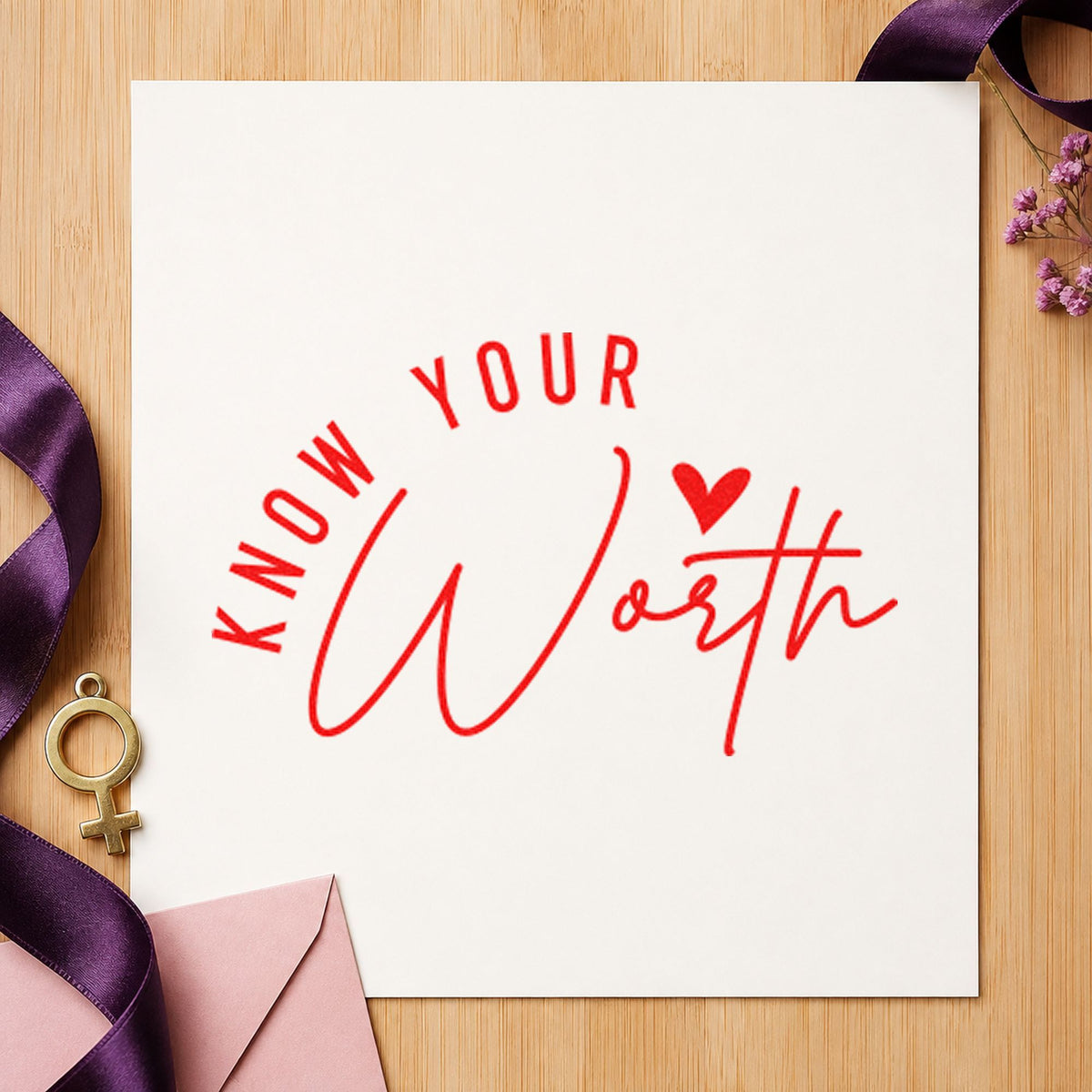 Know Your Worth Heart rubber stamp shown in red ink, stamped for projects such as bin material labels.