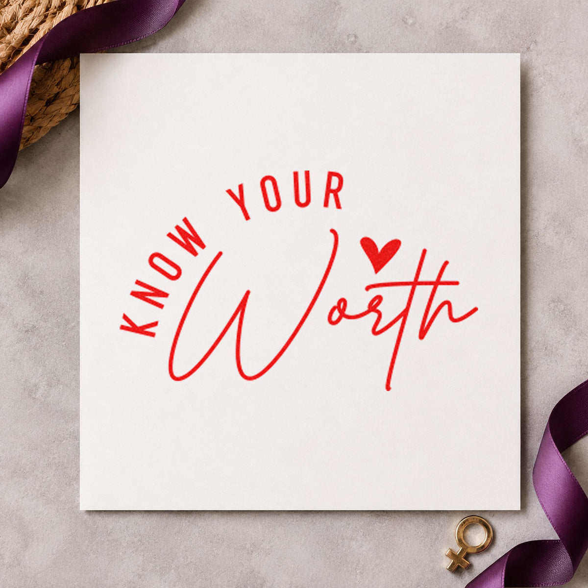 Know Your Worth Heart craft stamp imprint in red ink on a handmade project, one idea being practice script cards.