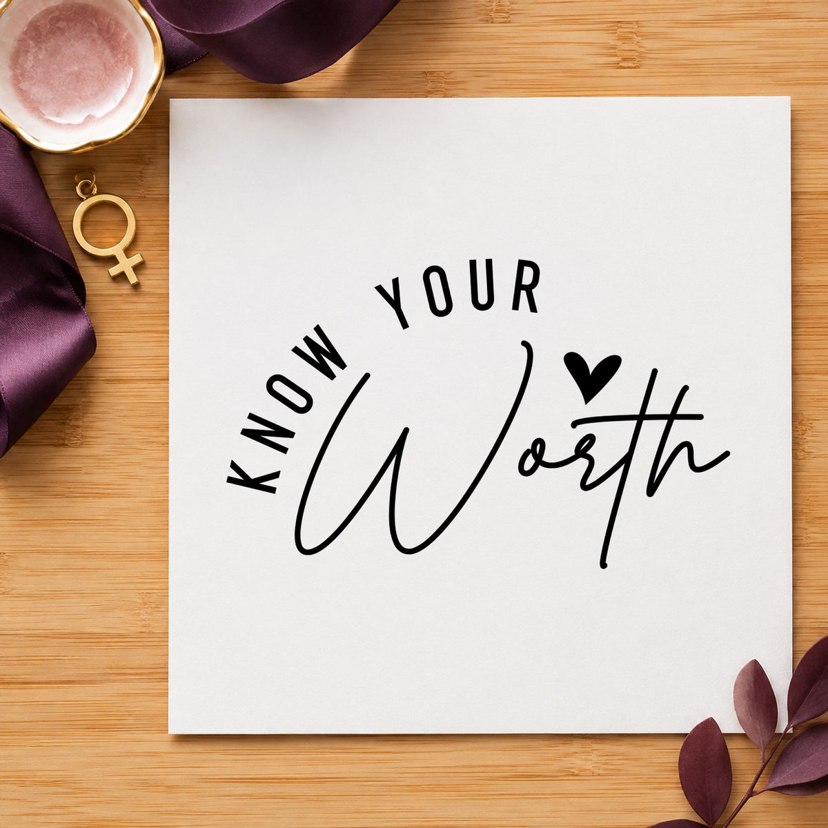 Know Your Worth Heart rubber stamp printed in black ink, ready for curved word cards and similar paper crafts.