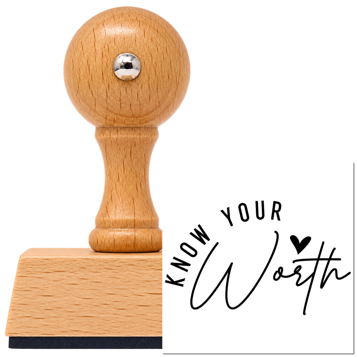 Vintage Pro beech wood stamp with a round knob handle, shown with its black Know Your Worth Heart imprint on white.