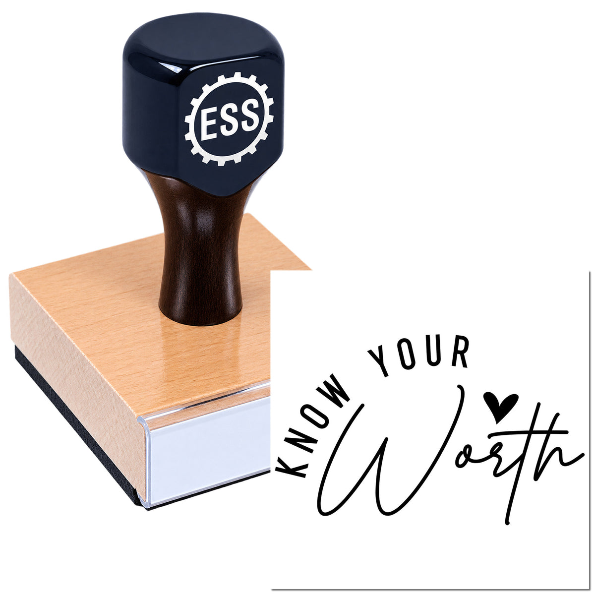 Black ESS rubber stamp with pink seal block, showing "Know Your Worth" imprint and heart design.