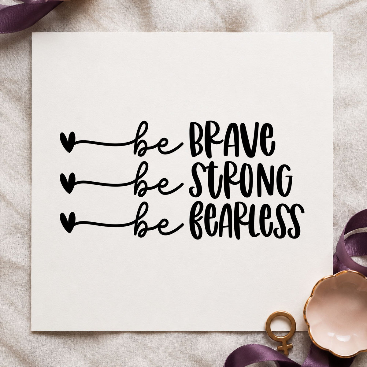 Brave Strong Fearless Hearts craft stamp imprint in black ink on a handmade project, one idea being blade bag gift tags.