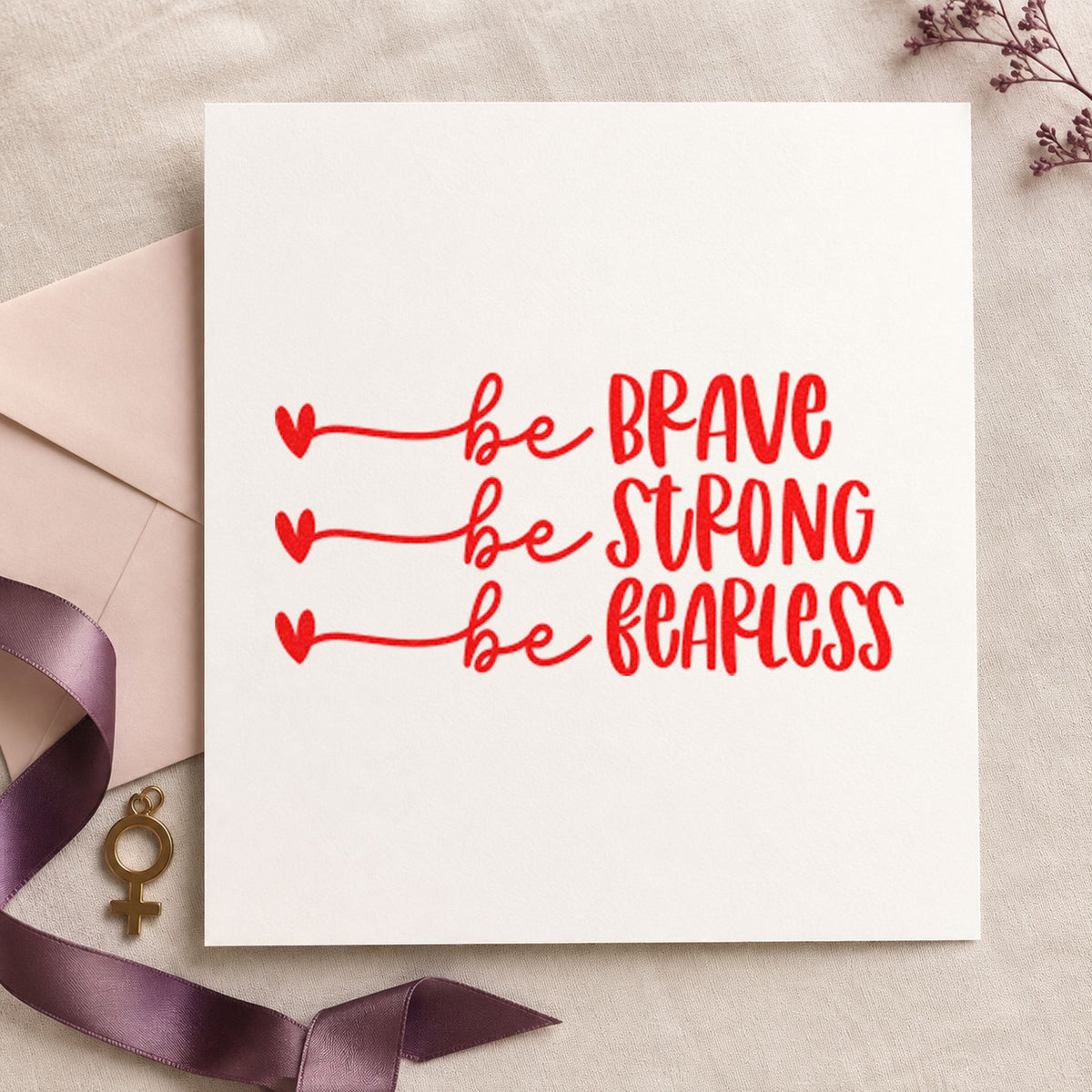Brave Strong Fearless Hearts craft stamp imprint in red ink on a handmade project, one idea being bout plan cards.