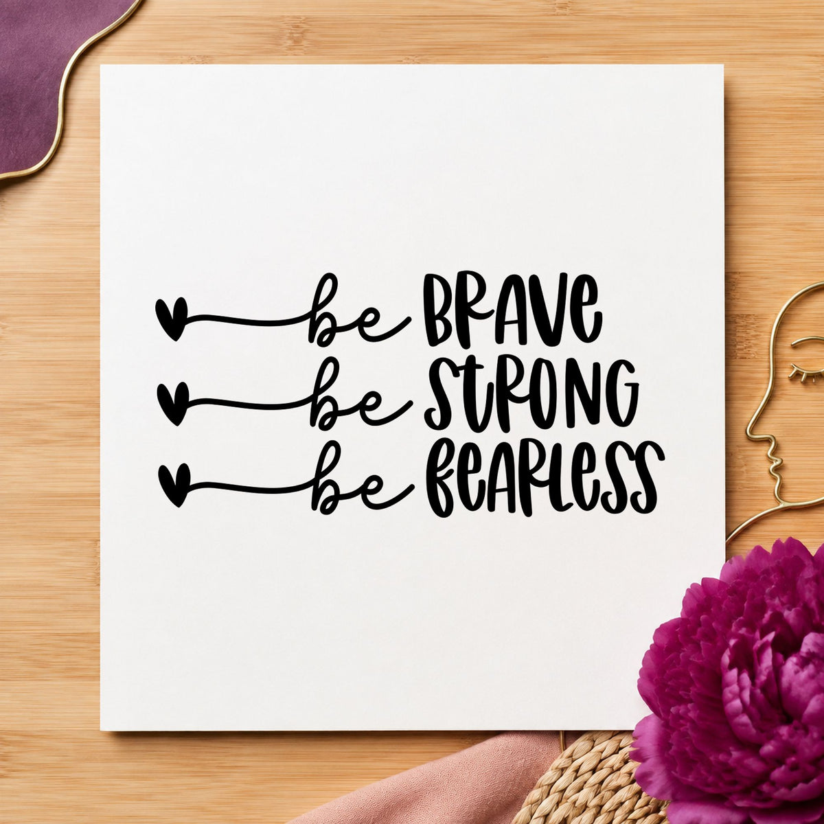 Brave Strong Fearless Hearts rubber stamp printed in black ink, ready for heart start cards and similar paper crafts.