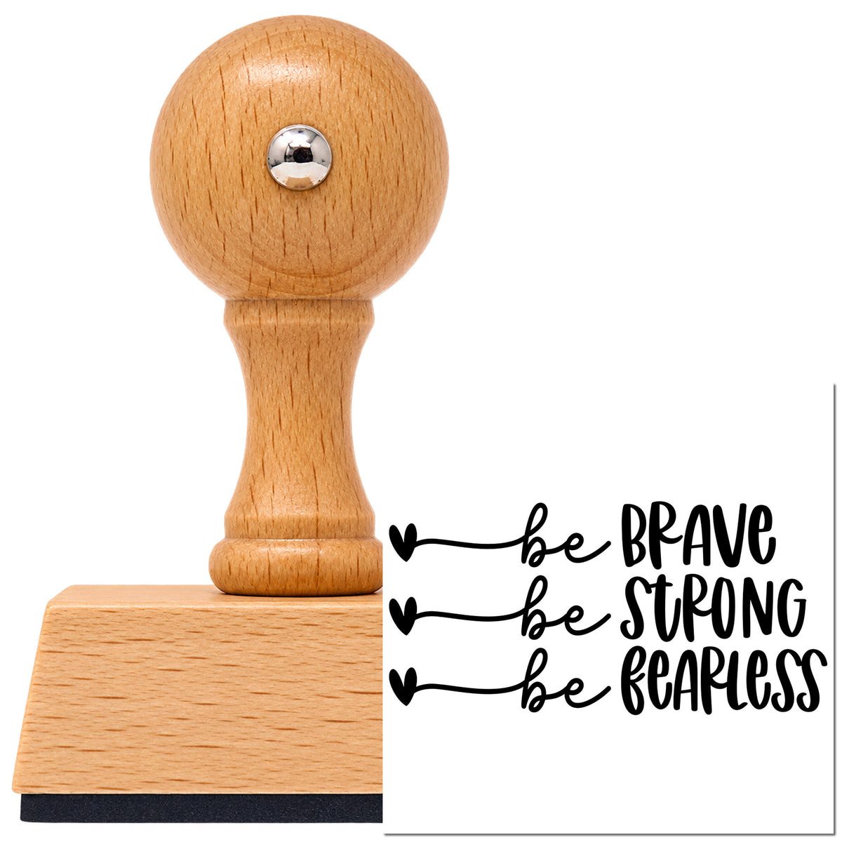 Vintage Pro beech wood stamp with a round knob handle, shown with its black Brave Strong Fearless Hearts imprint on white.
