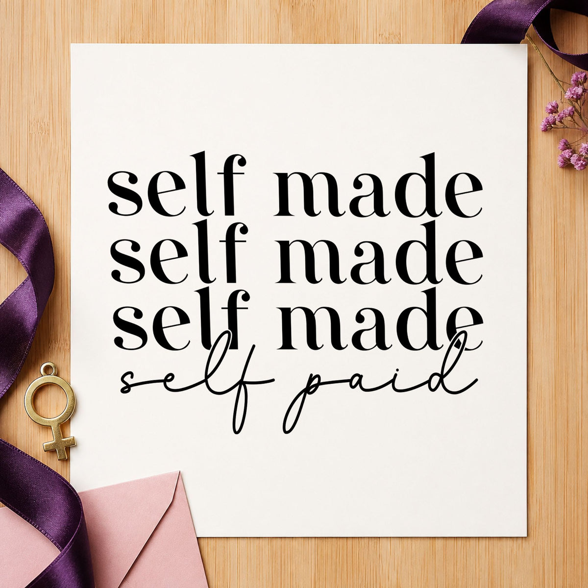 Self Made Self Paid craft stamp in black ink on cardstock, an easy option for route album page.