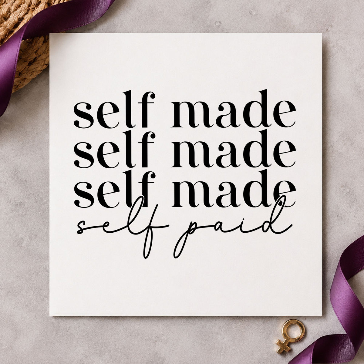 Self Made Self Paid craft stamp imprint in black ink on a handmade project, one idea being restock bin tags.