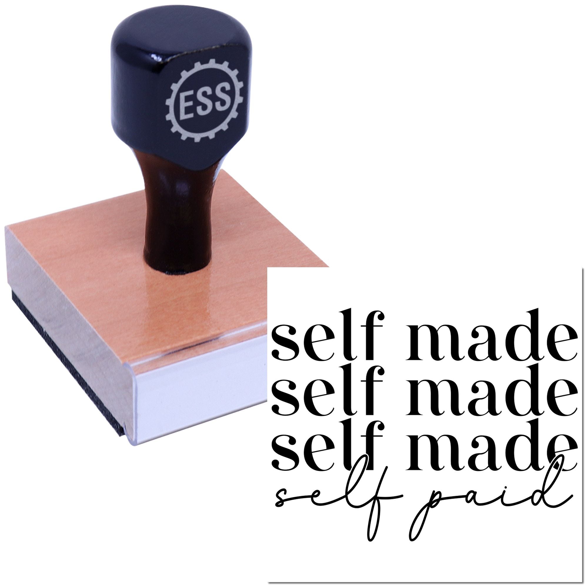 Black self-inking stamp with ESSI logo on a pink wooden self-adhesive seal block and self made text.