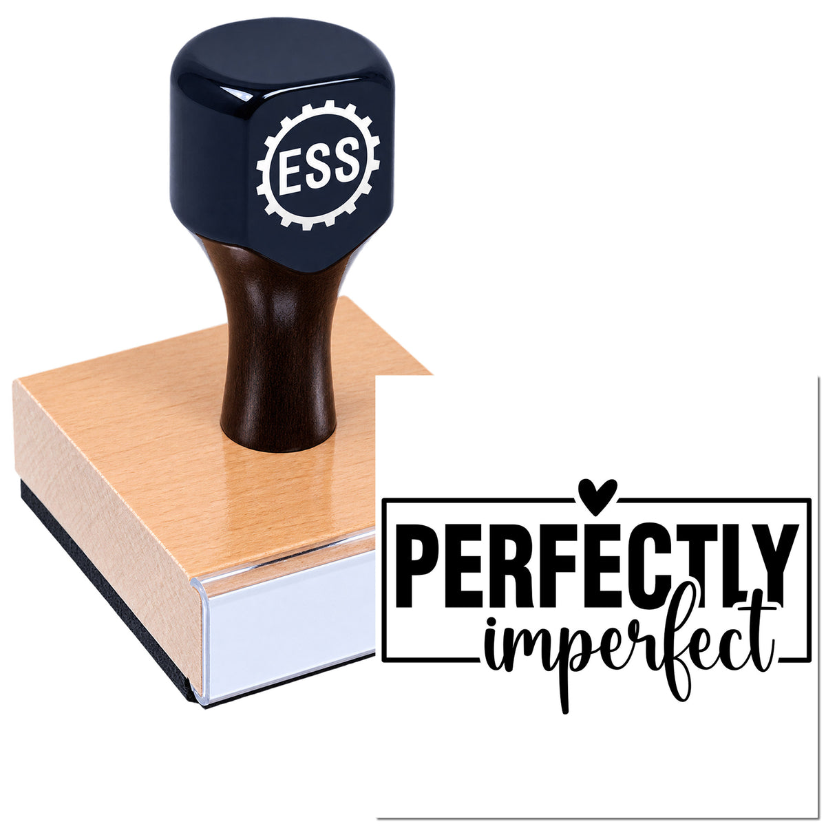 Dark navy ESS rubber stamp and seal with copper base, imprinting "perfectly imperfect" in black on white.