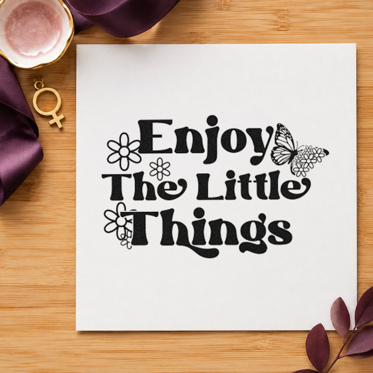 Enjoy The Little Things craft stamp in black ink on cardstock, an easy option for tea room album page.