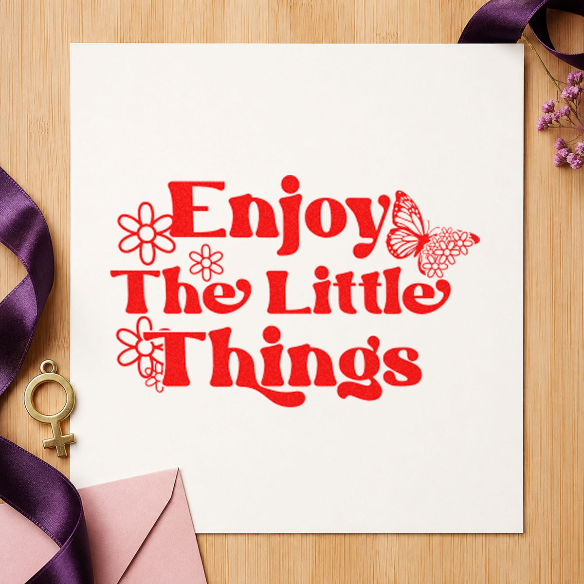 Enjoy The Little Things craft stamp imprint in red ink on a handmade project, one idea being tasting note cards.
