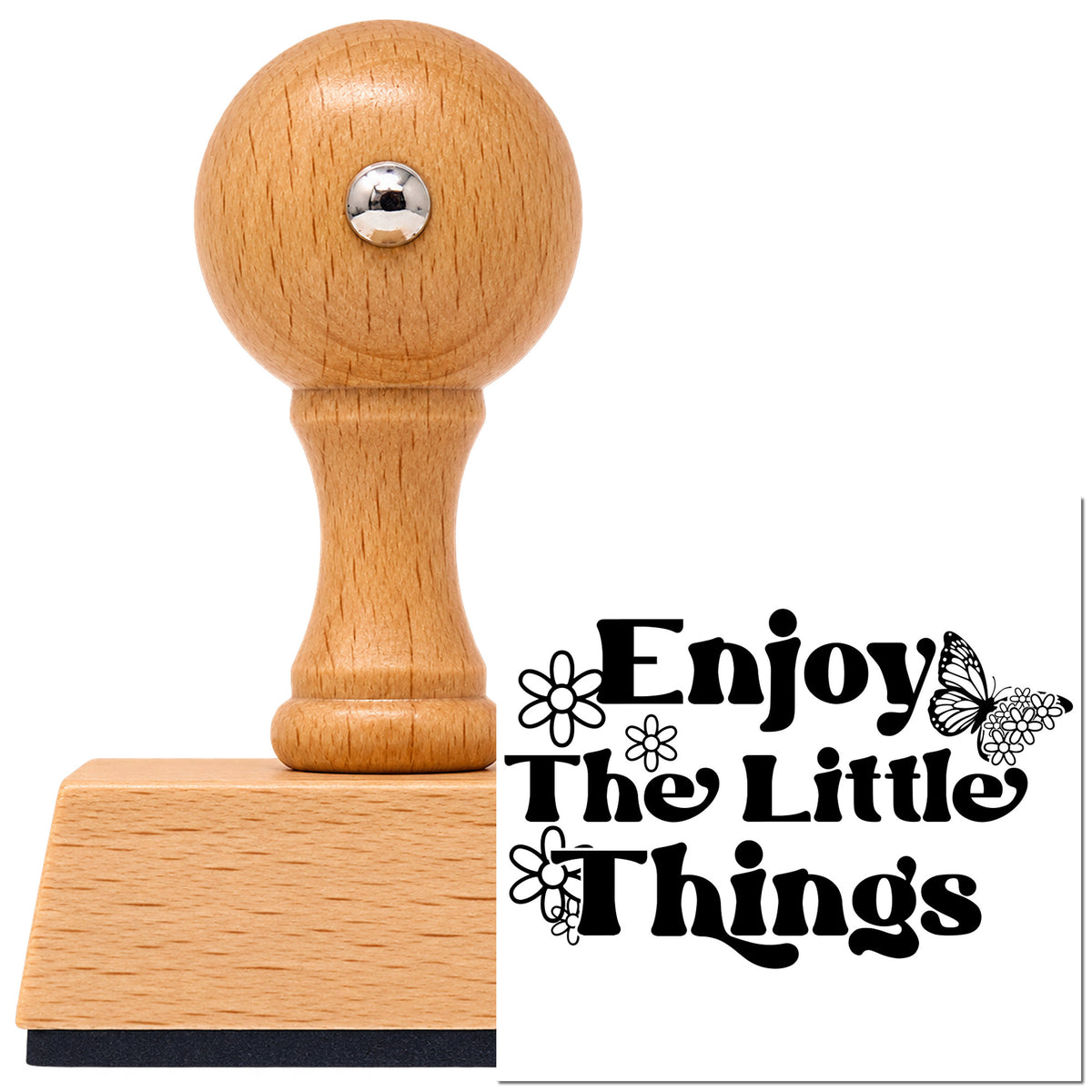 Vintage Pro beech wood stamp with a round knob handle, shown with its black Enjoy The Little Things Butterfly imprint on white.