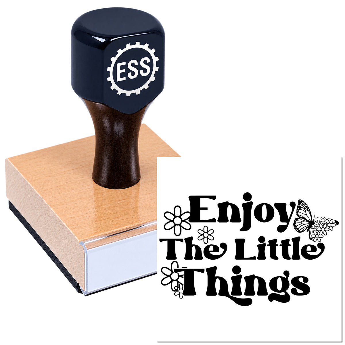 Custom stamp and seal with black handle, pink wood base, and "Enjoy The Little Things" design with flowers and butterflies.