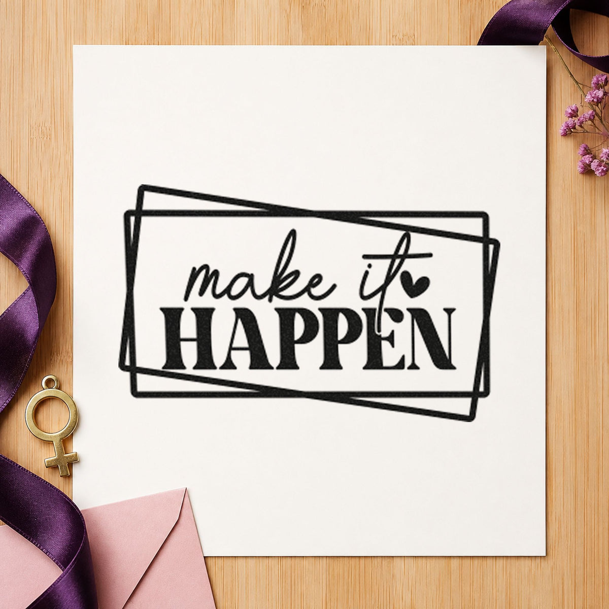 Make It Happen Frames craft stamp imprint in black ink on a handmade project, one idea being runner bag gift tags.