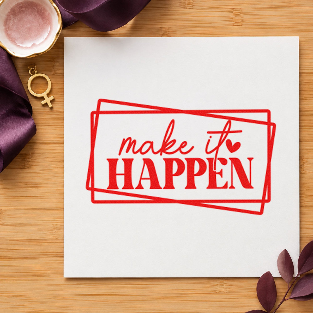 Make It Happen Frames craft stamp imprint in red ink on a handmade project, one idea being marshal brief cards.