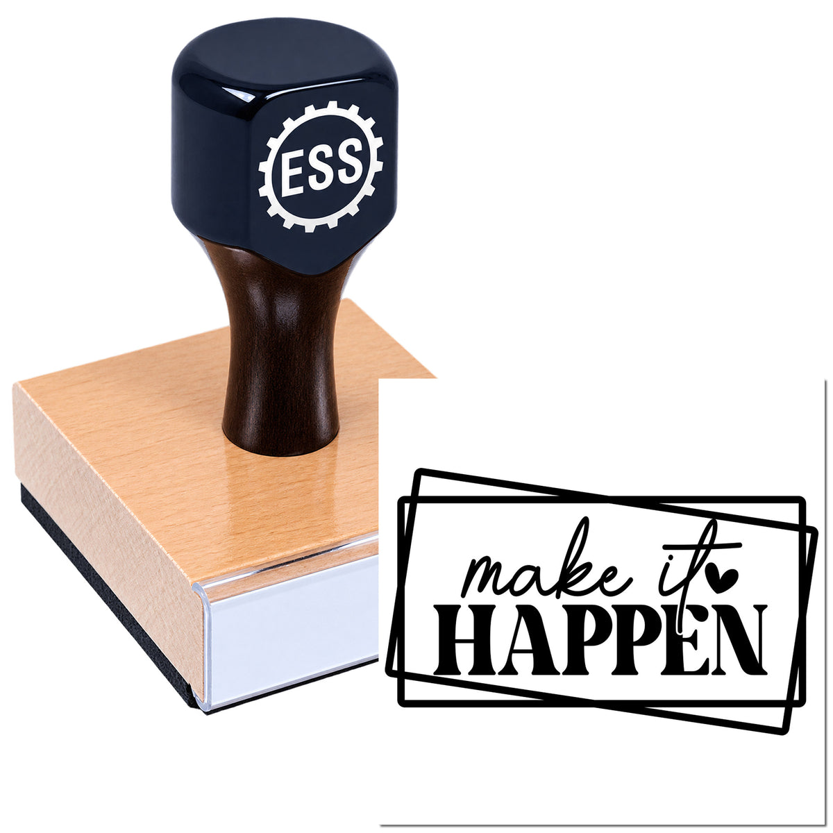 Black custom stamp and seal with ESS logo, black handle, wooden base, and "make it HAPPEN" imprint sample