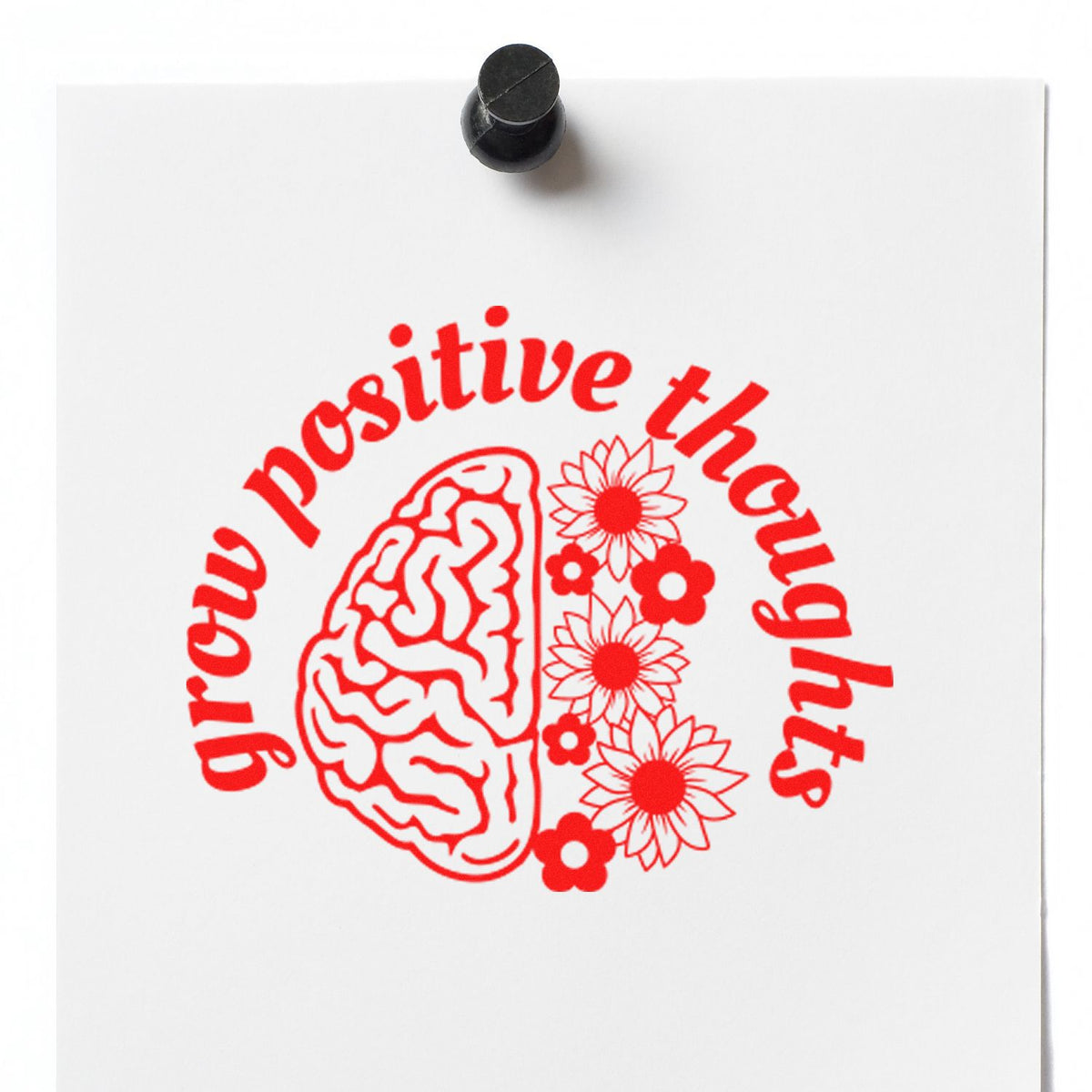 Black stamp seal on white paper with red positive thoughts brain and floral design.