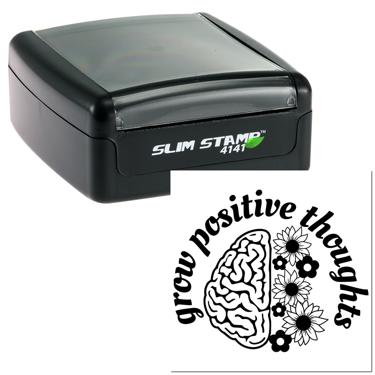 Black Slim Stamp 4141 self-inking stamp with black casing and grow positive thoughts seal design in black on white.