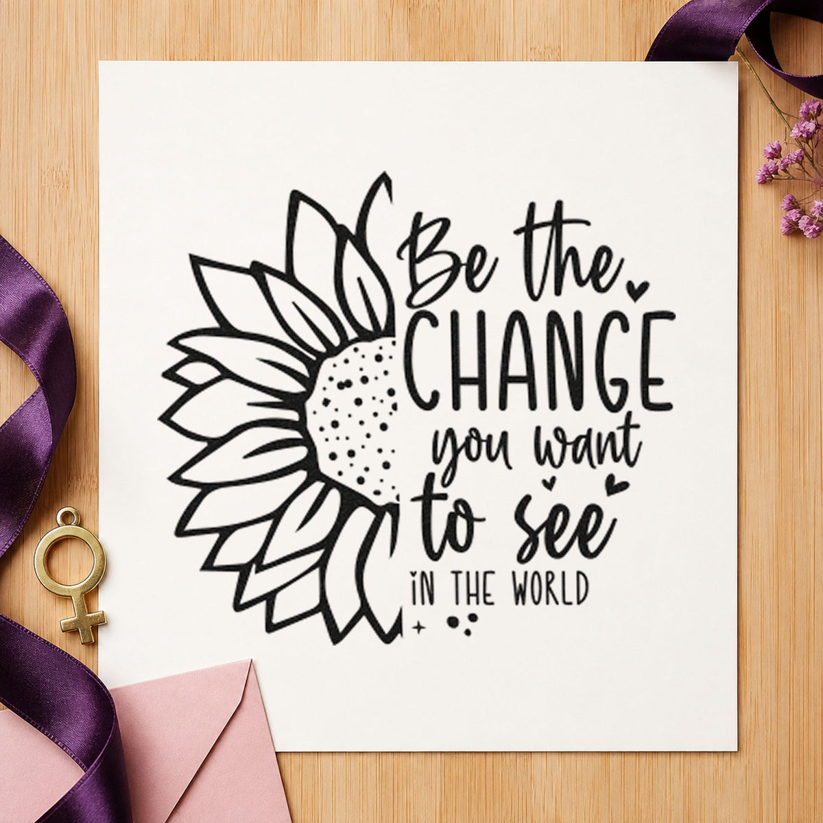 Be The Change Sunflower rubber stamp printed in black ink, ready for class total sheet and similar paper crafts.
