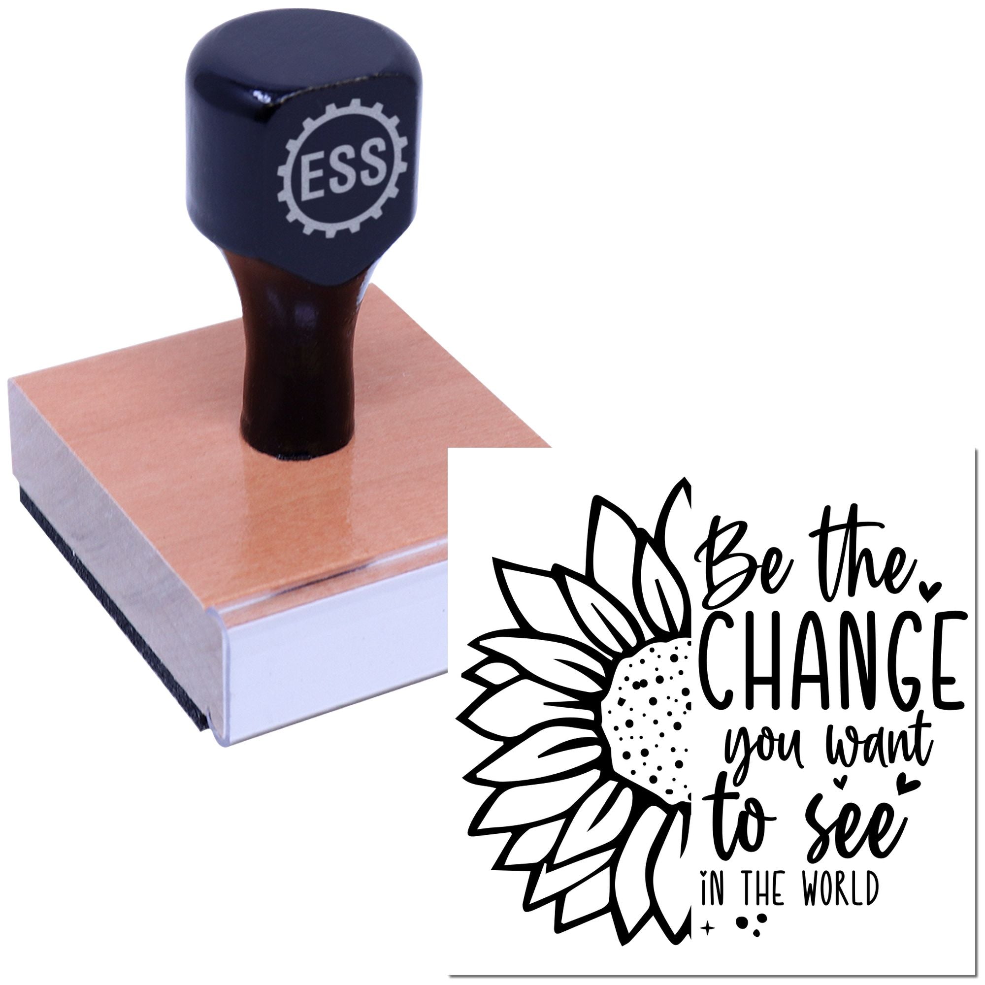 Black ESS stamp on pink seal block beside a sunflower Be the change custom seal design