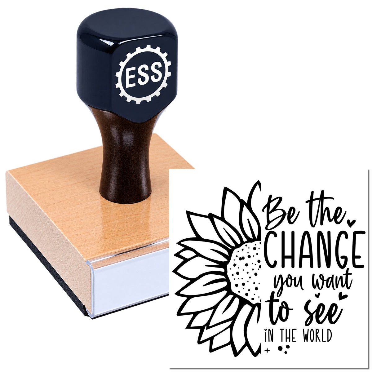 Black ESS stamp on pink seal block beside a sunflower "Be the change" custom seal design