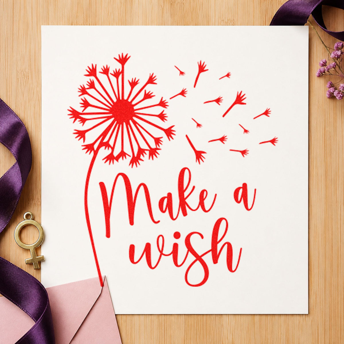 Make A Wish Dandelion rubber stamp shown in red ink, stamped for projects such as bin outing labels.