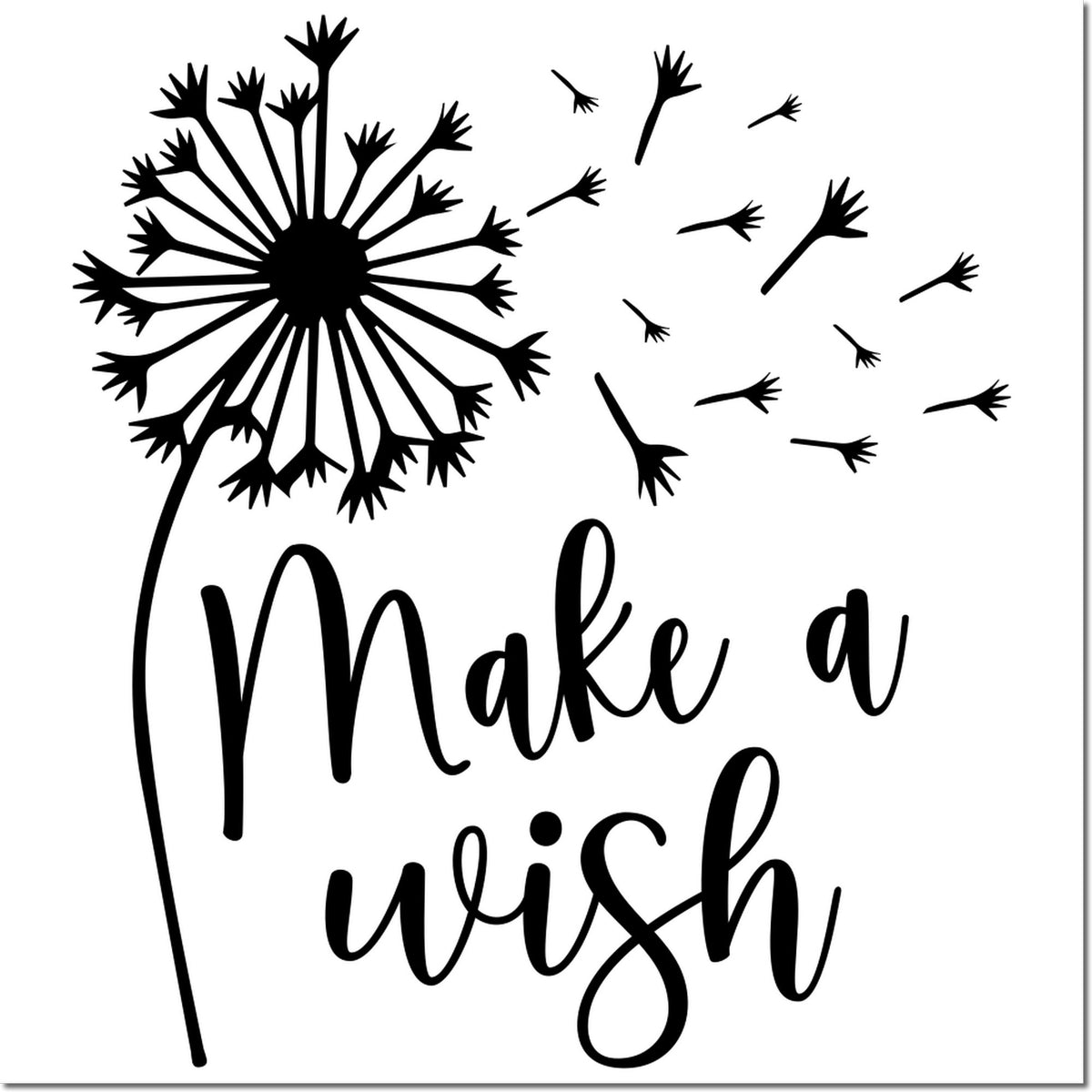 Black dandelion Make a wish stamp and seal design with drifting seeds on a white background.