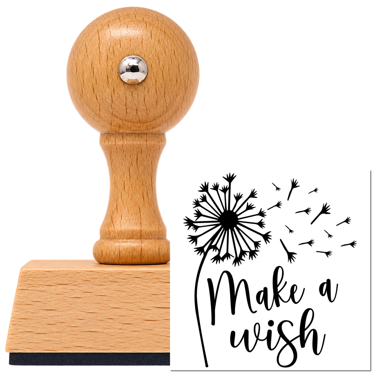 Vintage Pro beech wood stamp with a round knob handle, shown with its black Make A Wish Dandelion imprint on white.