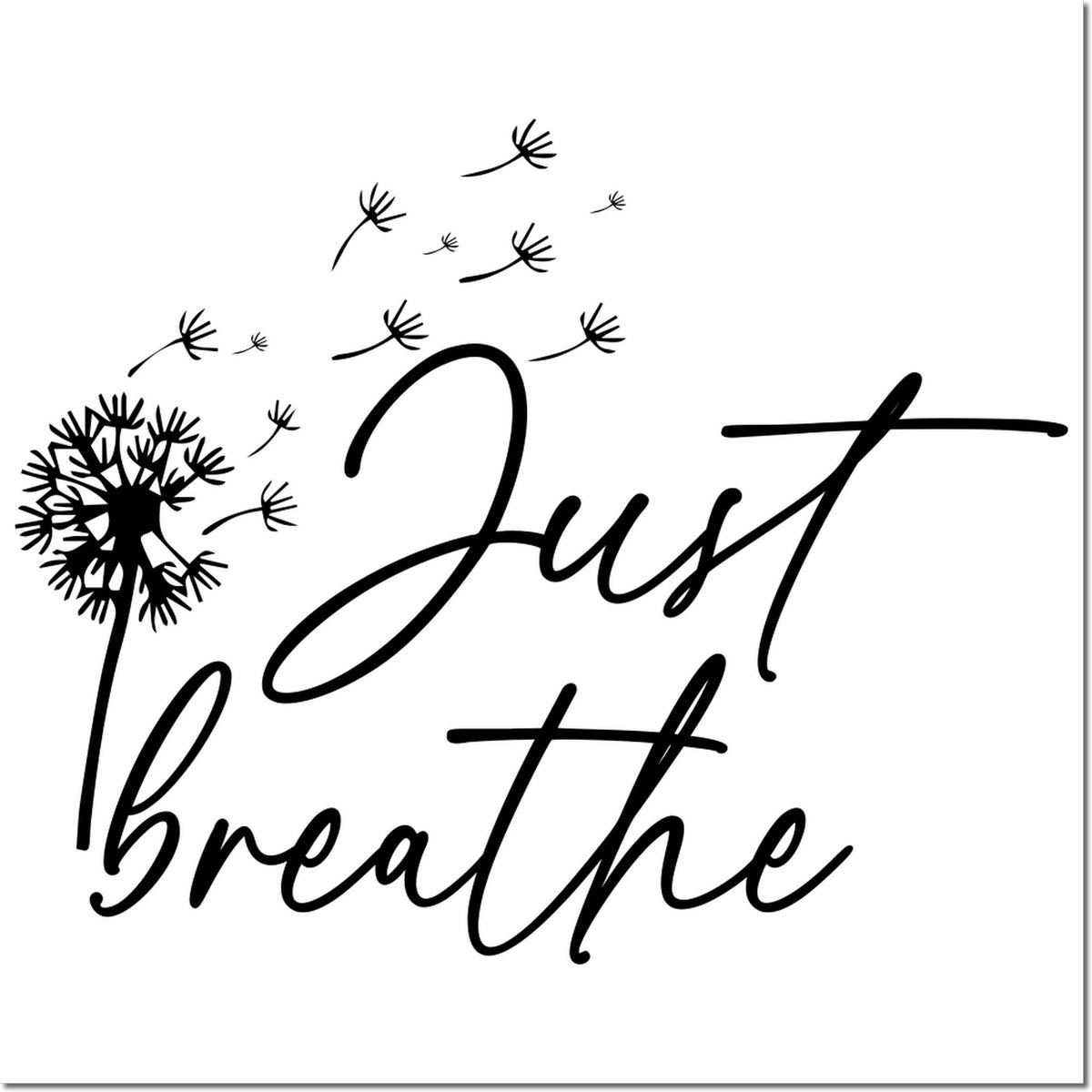 Black dandelion seed stamp with cursive Just breathe on a white background, minimalist decorative seal design.