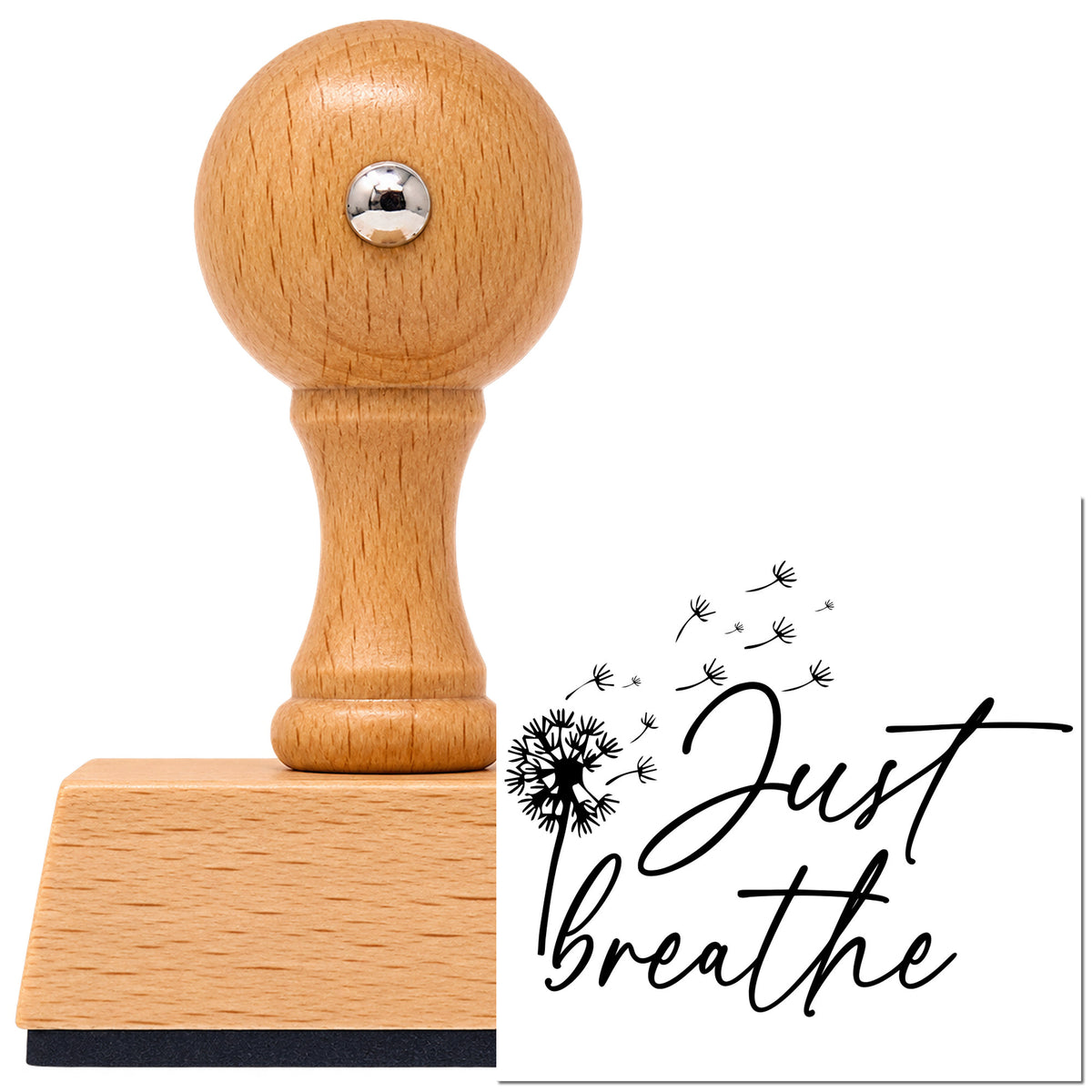 Vintage Pro beech wood stamp with a round knob handle, shown with its black Just Breathe Dandelion Seeds Script Lettering imprint on white.
