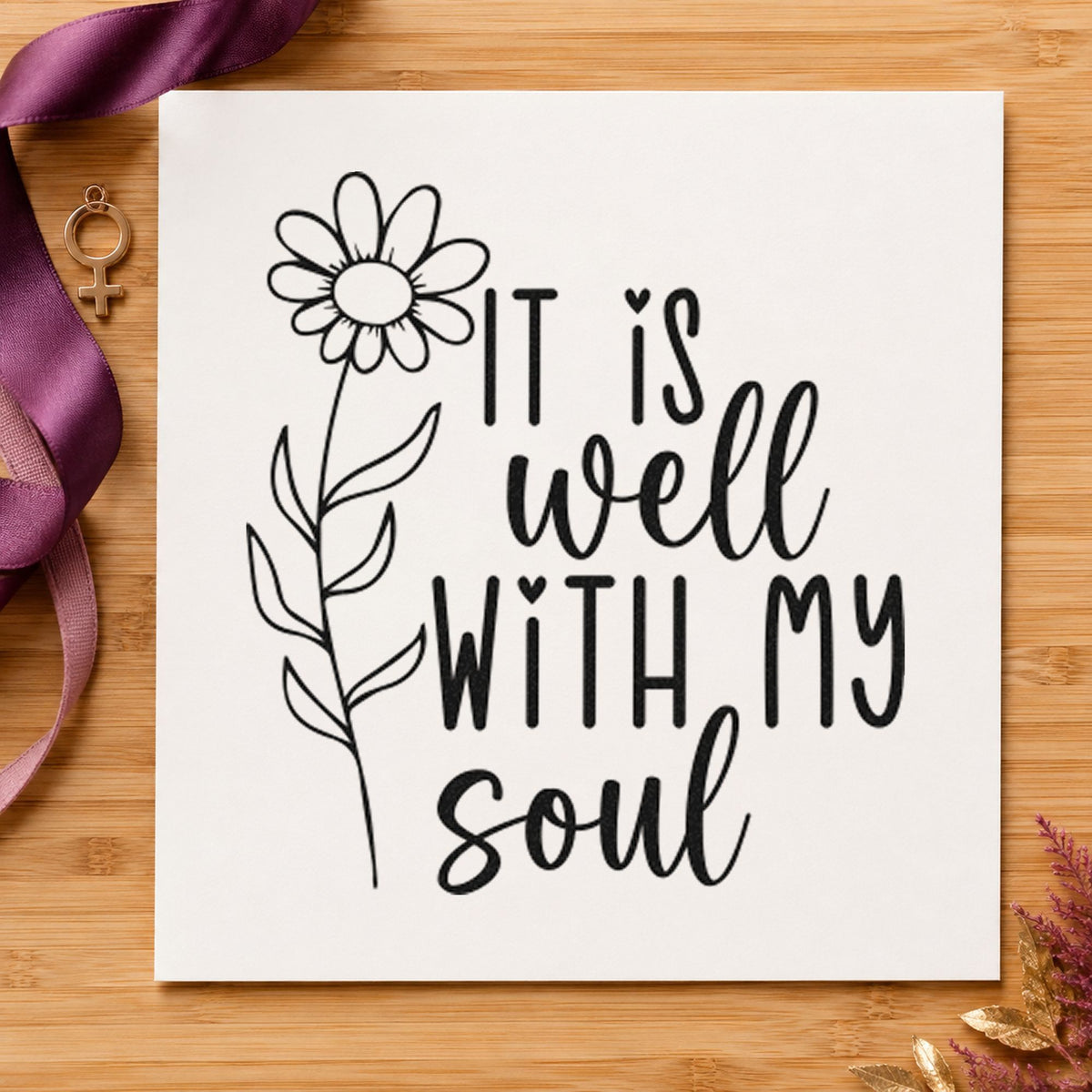 It Is Well Flower craft stamp imprint in black ink on a handmade project, one idea being plant gift tags.