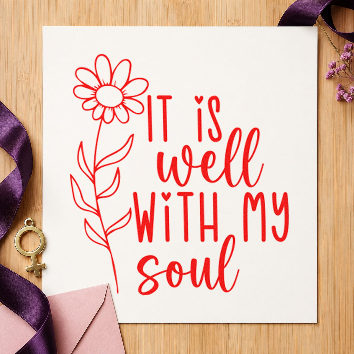 It Is Well Flower craft stamp imprint in red ink on a handmade project, one idea being reflection cards.