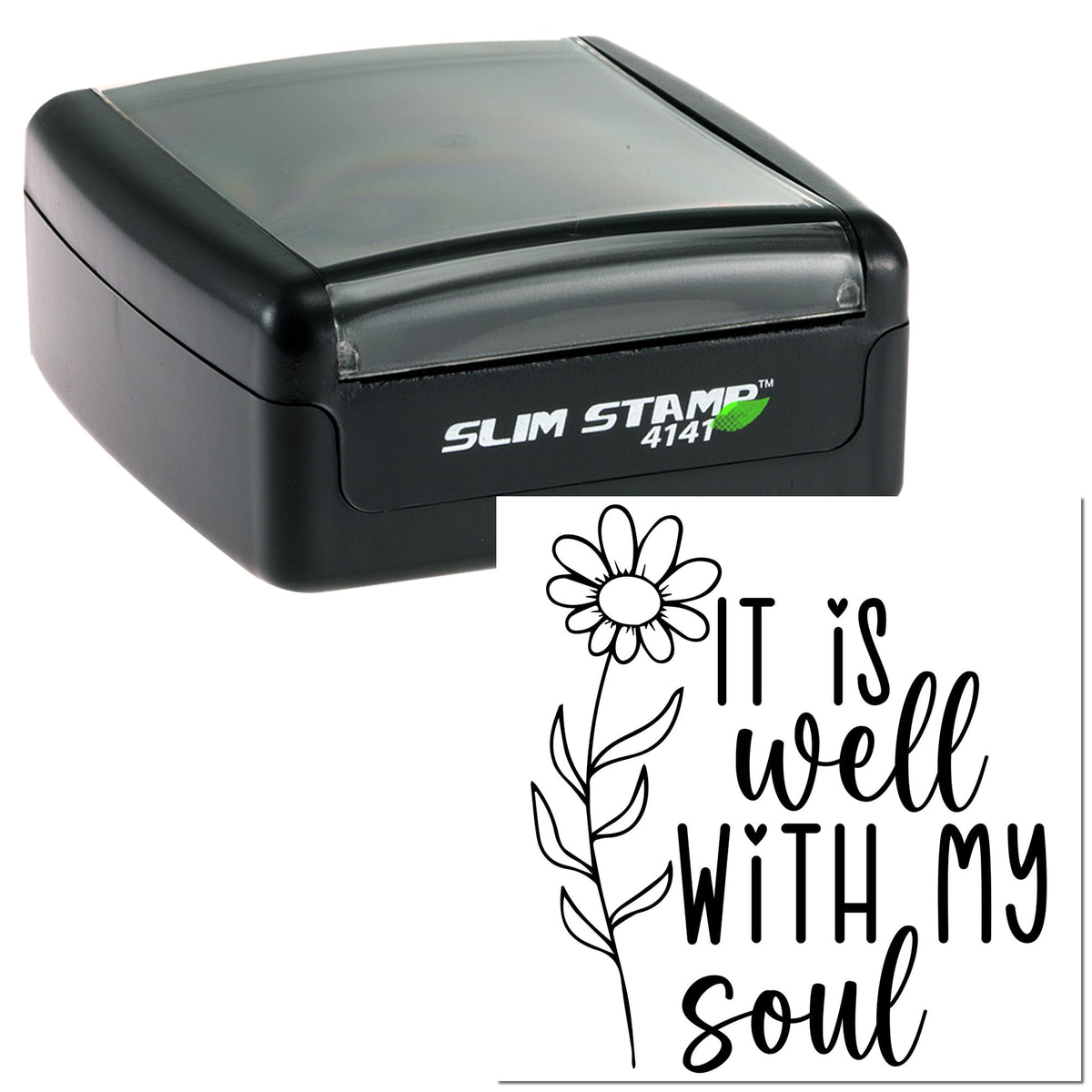 Black Slim Stamp self-inking stamp with a white floral seal reading It is well with my soul on a white background.