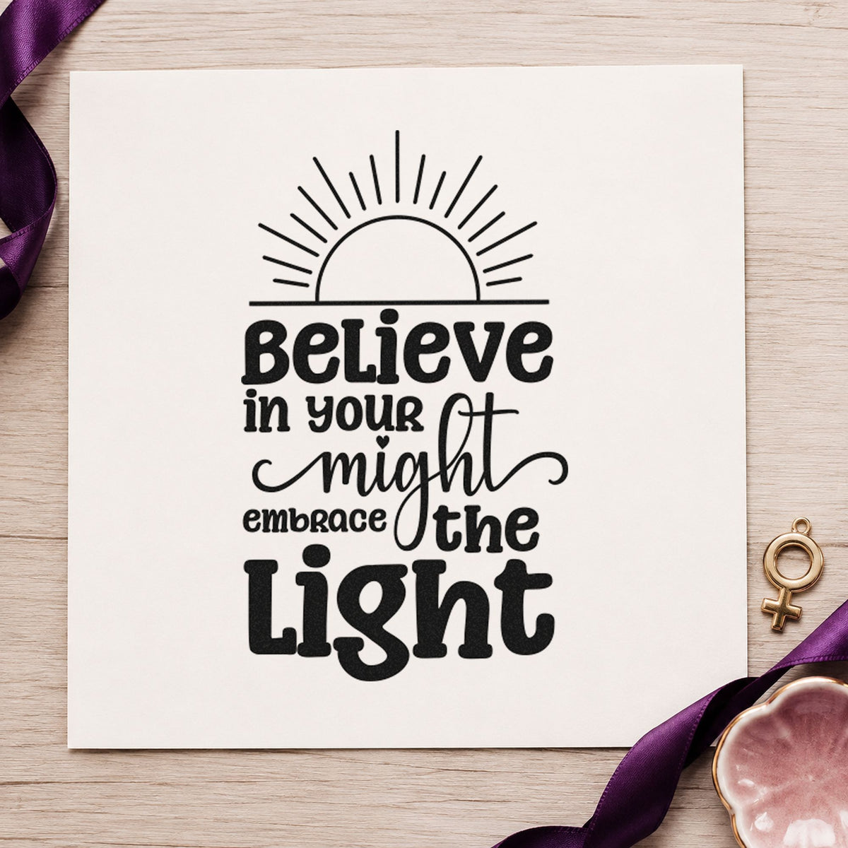 Believe in Your Might craft stamp imprint in black ink on a handmade project, one idea being gift shop tags.