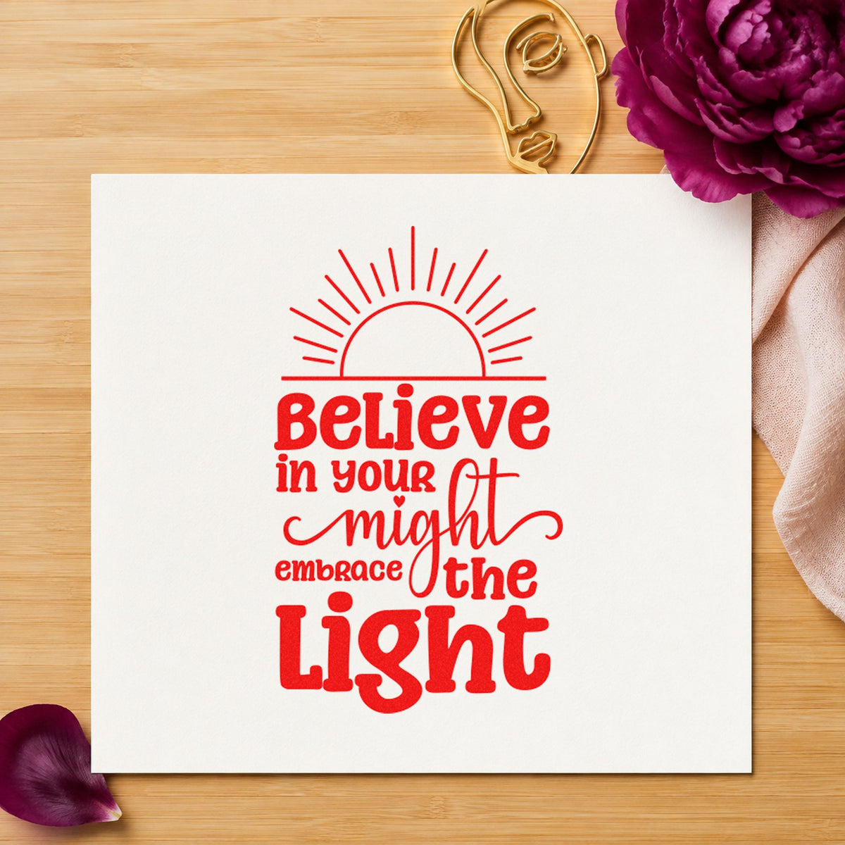 Believe in Your Might craft stamp imprint in red ink on a handmade project, one idea being tour script cards.