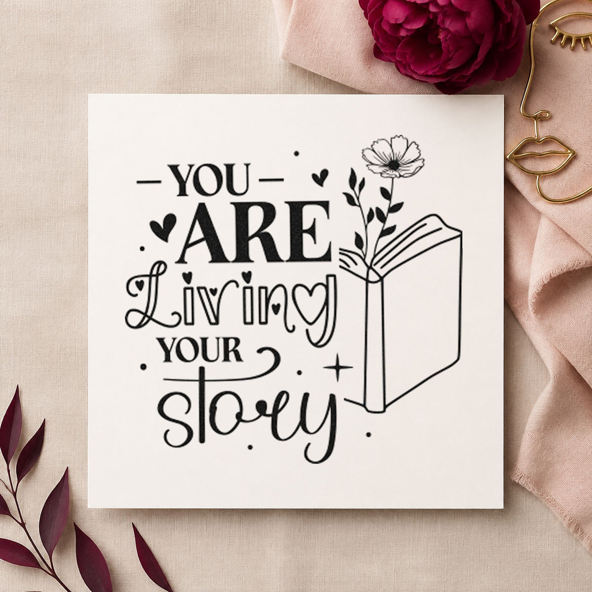 You Are Living Story craft stamp in black ink on cardstock, an easy option for class term album page.